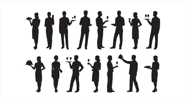 Black silhouette set of female servers and hostesses showing catering restaurant service and customer assistance activities vector illustration
