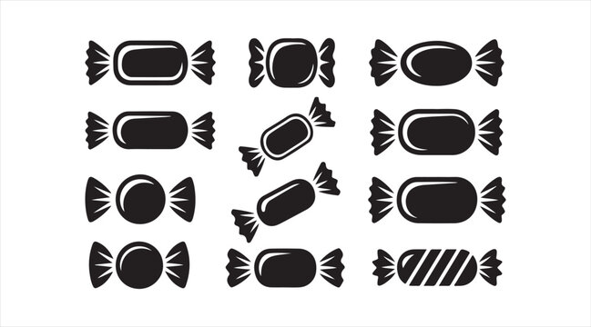 Black candy wrapper icon collection showing assorted sweet packaging shapes confectionery labels and decorative symbols isolated on white background
