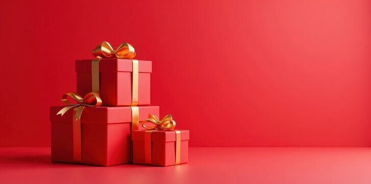 Colorful red gift boxes stacked on top of each other with gold bows and ribbons, red, holiday decor, ribbon