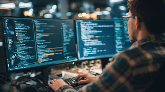 Programmer working on computer monitors displaying code in a dark environment