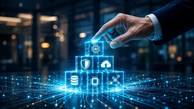 Professional hand places AI cube atop data, cloud, and cybersecurity blocks, symbolizing integrated digital transformation and future tech.