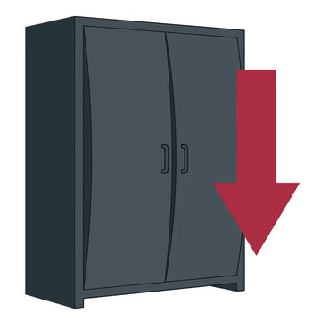 A dark cabinet with double doors illustrates residential storage space deficit. A red arrow indicates a decrease in spatial capacity and home organization needs.