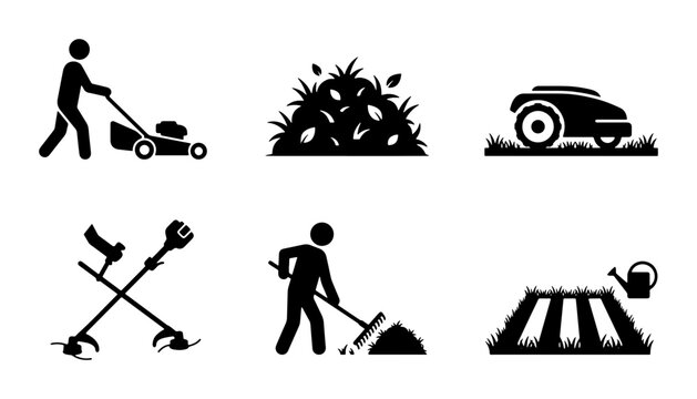 Gardening Icons: Mowing, Raking, Planting, Watering
