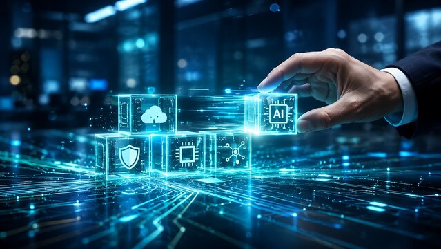 A business hand integrating AI into a glowing digital framework, symbolizing advanced technology, data infrastructure, and the future of connectivity.