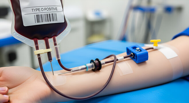 Blood donation or transfusion process in a hospital with a type O positive blood bag