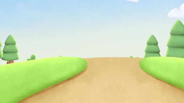 A serene landscape with a dirt road cutting through green fields and trees under a blue sky parallax animation.