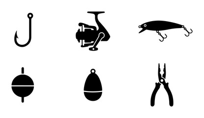 Fishing Gear Icons: Hook, Reel, Lure, Bobber, Sinker, Pliers, Vector Set © MdRiad