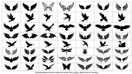 Fototapeta premium Various black wing and bird silhouettes collection for design