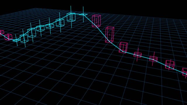 Stock market chart 3D wireframe cubes moving along a glowing blue data grid for financial analysis.