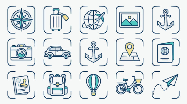 Collection of travel and vacation icons in a grid layout.