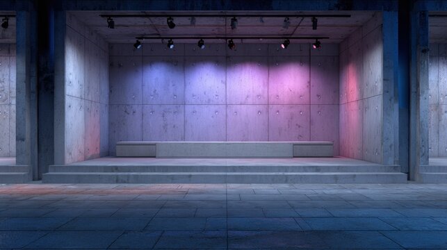Illumination illuminates a stark, modern stage platform built from rough concrete surfaces