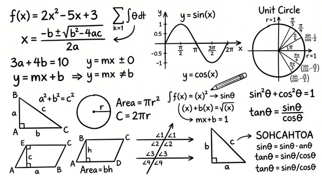 Hand drawn math formulas and geometric diagrams on white background
