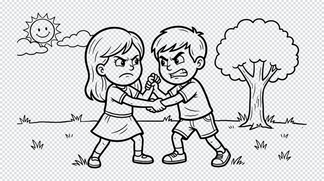 A black and white line art vector illustration of an angry boy and girl fighting or arguing outdoors in a park, designed as a coloring book page for children, isolated on a transparent grid background