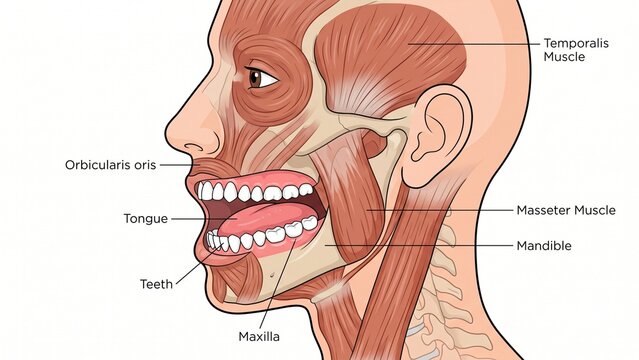 Human head anatomy showing jaw muscles and oral cavity structure