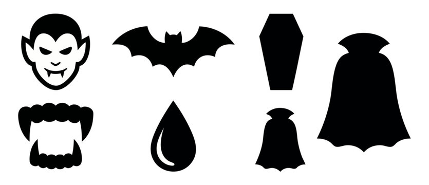 Vampire icons silhouette vector set featuring Dracula face, fangs, flying bat, coffin, blood drop, and cape isolated on white background for gothic Halloween designs and spooky graphic elements decors