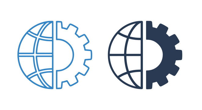 Globe gear world technical icon set: Icon set - Minimalist, flat icon, outline, glyph, linear, clipart, sticker 