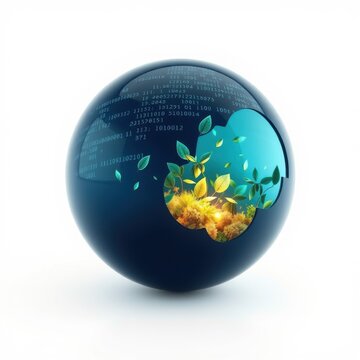 Blue sphere represents global network. Digital code merges with vibrant foliage, symbolizing technology, nature connection. Future concept.