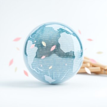 Globe displaying binary code. Pink petals float around it. Background is white, simple composition. Digital world concept.