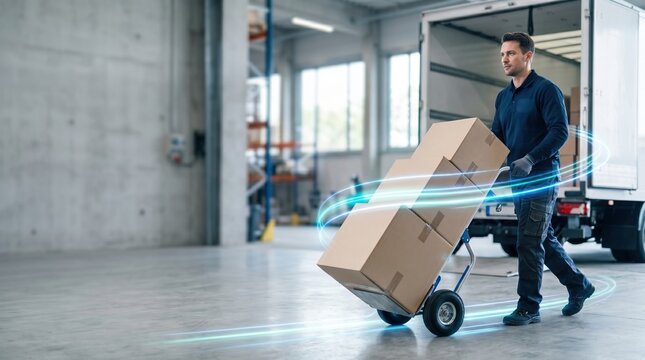 Delivery worker using a hand truck to move cardboard boxes to a truck with fast motion energy trails.