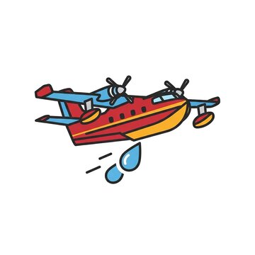 Cartoon firefighting airplane dropping water, aerial firefighting aircraft, water bomber plane, vector illustration of a red and yellow seaplane used for forest fire suppression