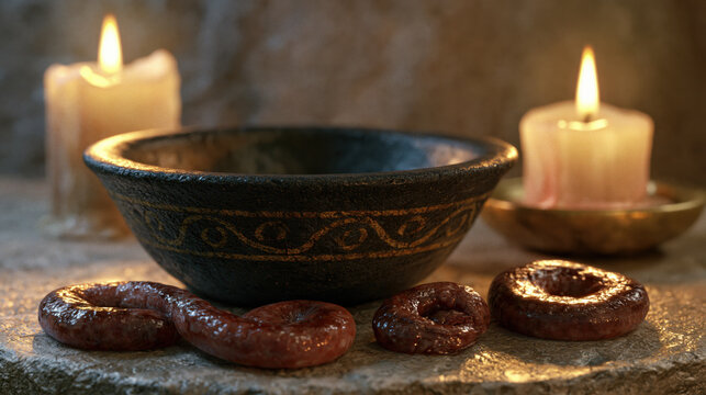 Carved Bowl with Healing Leeches in a Candlelit Ancient Stone Alcove Scene