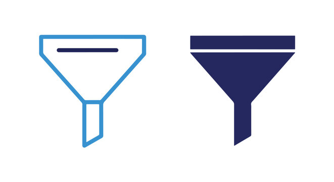 Funnel filter icon set for data analysis: Glyph and solid icon set - Icon vector - logo icons. Blue, Black and white icons