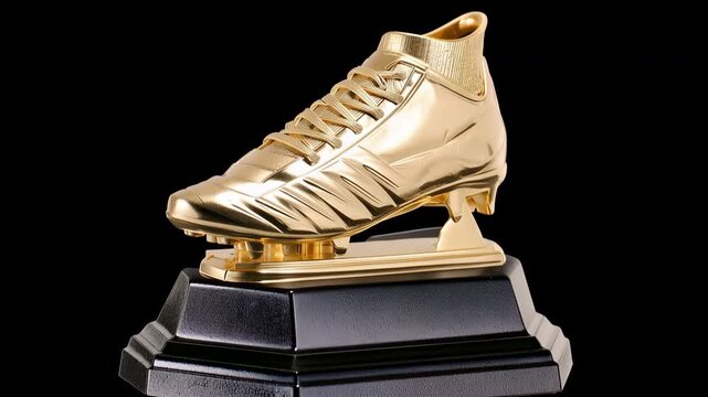 The top goal scorer's golden boot trophy, which represents excellence and individual accomplishment in professional soccer championship sporting events, is displayed on a high-end black velvet pedesta