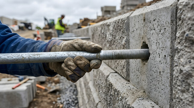 Construction worker installing anchor bar in concrete wall | Building a modular retaining wall system | Civil engineering site infrastructure and masonry work