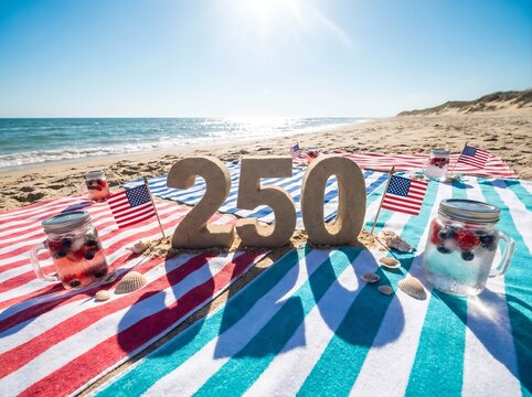 Sand sculpture of the number two hundred fifty sits on a beach towel surrounded by festive drinks.
