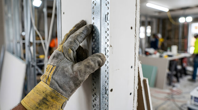 Professional drywall corner installation | Metal angle bead application for plasterboard | Construction worker installing corner bead | Interior home renovation and wall finishing