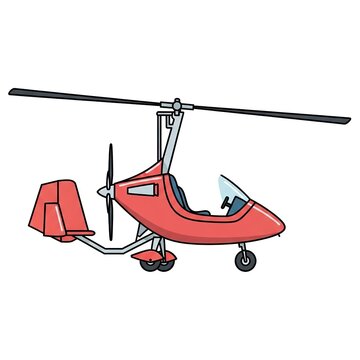 Illustration of a red autogyro or gyrocopter, a small light aircraft with a rotor and a rearmounted propeller, isolated on white background