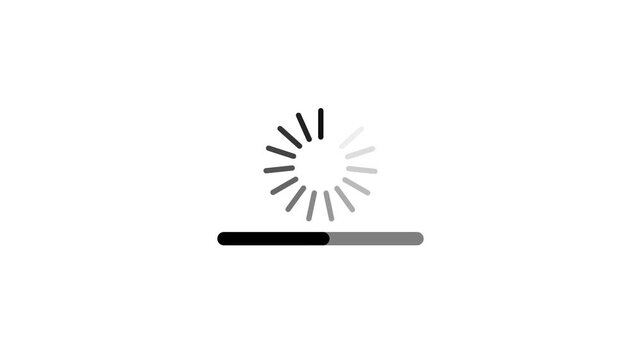 Minimalist circular loading spinner animation with a progress bar, representing data processing, digital buffering, system update, and software loading on a white background, with 4k video animation.