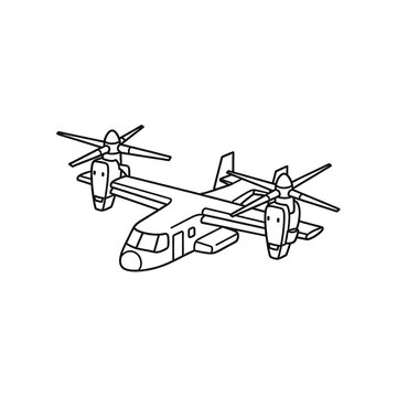 Tiltrotor aircraft icon, outline style a versatile military or transport vehicle with rotating propellers for vertical takeoff and landing, isolated on white background