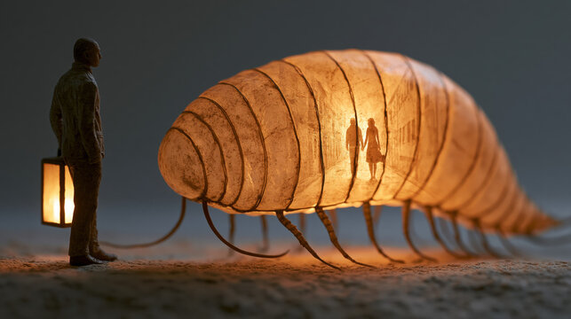 Giant Luminous Isopod Creature Encountered by a Lone Figure in Misty Plain