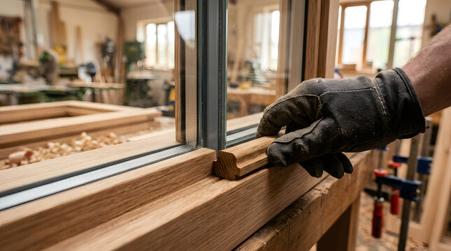 professional wood window frame assembly | installing wooden glazing beads by hand | joinery workshop craftsmanship close up | timber window manufacturing process