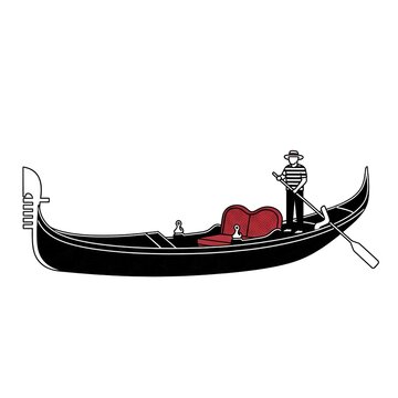 Gondola with a gondolier in venice, italy traditional venetian rowing boat with a striped shirt rower, isolated on white background