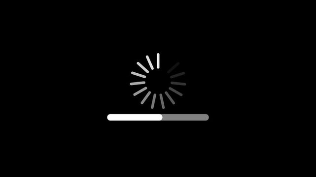 Minimalist circular loading spinner animation with a progress bar, representing data processing, digital buffering, system update, and software loading on a black background, with 4k video animation.