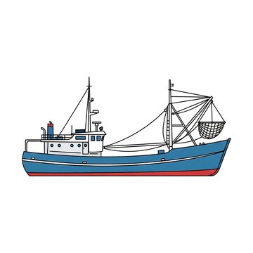 Fishing trawler boat with net, commercial vessel for sea fishing, nautical transport, marine industry, vector illustration isolated on white background