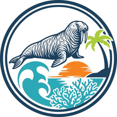 Large marine mammal walrus swimming ocean. © logo