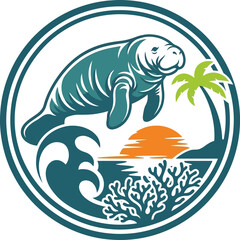 Manatee swimming in ocean water. © logo