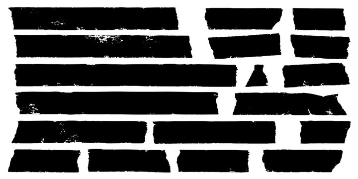 Torn black tape strips with rough edges are scattered across a white background, evoking a sense of disruption or makeshift repair.