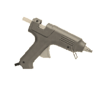 Vintage retro halftone glue gun tool with circle dot pattern texture isolated on white background