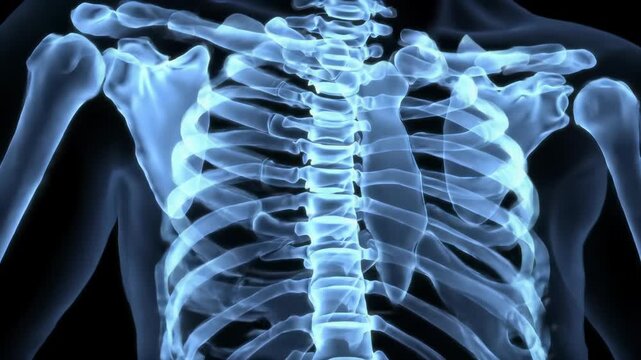 A glowing, anatomically accurate human skeleton, crafted from translucent cobalt blue glass with a bioluminescent aura, rotates on a black void background. Medical visualization concept