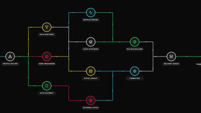 System architecture flowchart animation using multi-colored nodes and glowing connection lines for digital data process visualization.