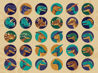 Set of Flat Dinosaur Head Avatars and Icons in Circular Frames © Isak