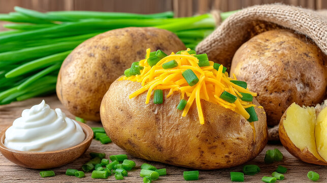 Baked potato topped with shredded cheese and green onions scallions vegetable homemade