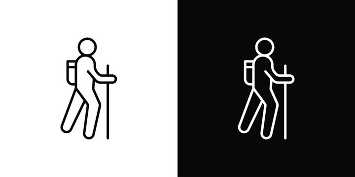 Hiking icon outline stroke in black.