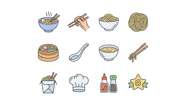 Colorful illustrations of noodles and cooking utensils