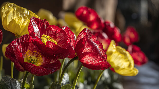 Close up of red and yellow tulips with blooming botanical colorful botanist floriculture