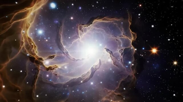 hyper-realistic slow-motion video of a colossal cosmic nebula, revealing swirling gas and twinkling stars in blue, orange, red, violet hues. deep space exploration atmosphere